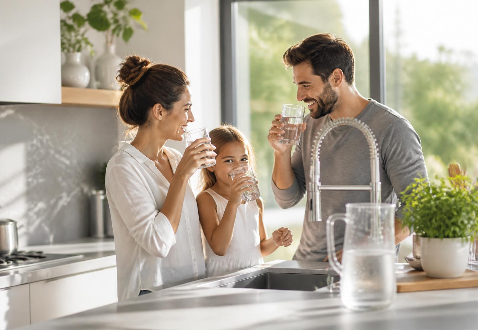 Famiglia in cucina che beve acqua filtrata dal rubinetto