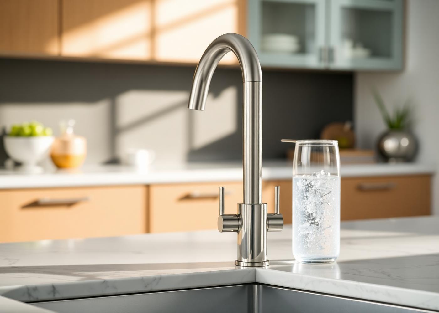 Miscelatore da cucina moderno con leva doppia e bicchiere pieno d'acqua