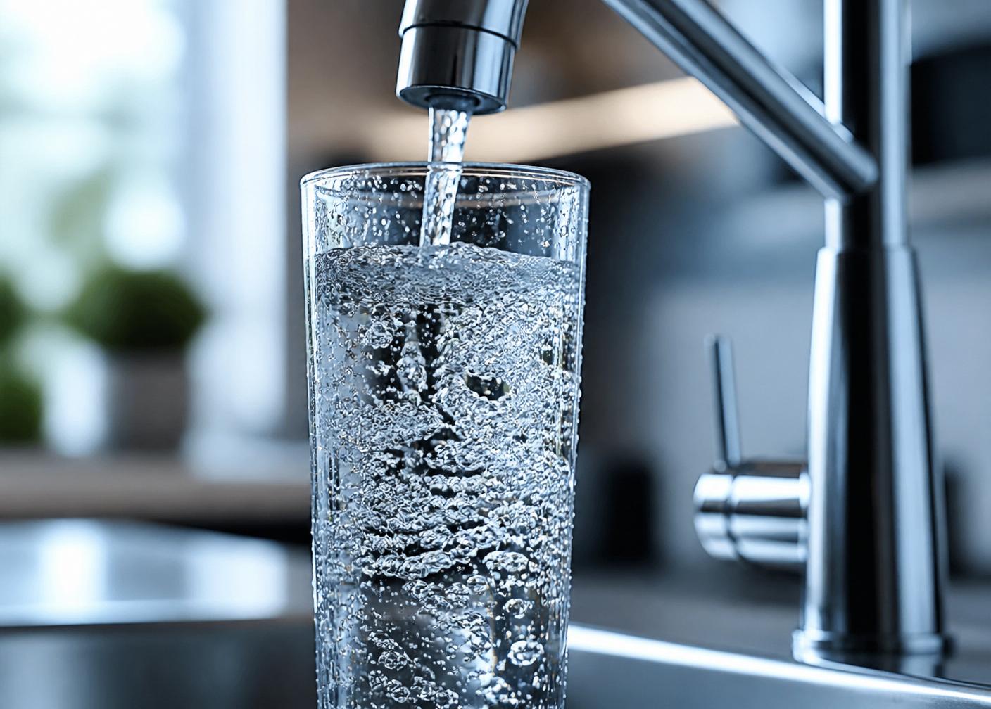 Bicchiere con acqua frizzante appena erogata da rubinetto moderno