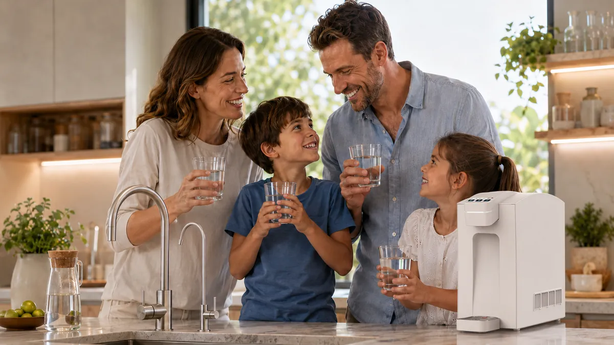 Famiglia che beve acqua filtrata nella cucina di casa