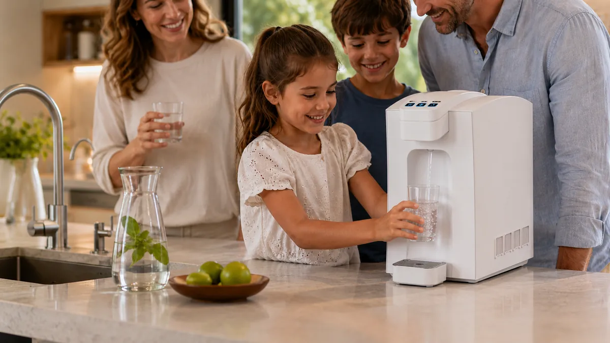 Famiglia che utilizza un erogatore d'acqua sopralavello in cucina